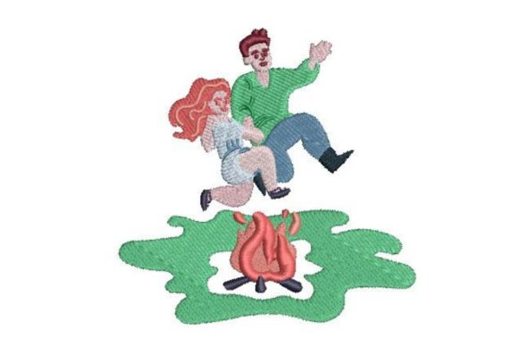 Couple Jumping Over a Bonfire Embroidery
